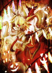 Rule 34 | 1girl, animal ears, blonde hair, denpa rasaito, eyepatch, fingernails, flandre scarlet, from side, glowing, glowing wings, hair between eyes, highres, leaning forward, long hair, looking at viewer, multicolored wings, nail polish, no headwear, one side up, orange nails, orange theme, paw pose, puffy short sleeves, puffy sleeves, pumpkin, red eyes, red skirt, red vest, sharp fingernails, shirt, short sleeves, skirt, solo, touhou, vest, white shirt, wings