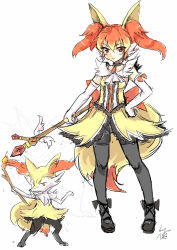 Rule 34 | 10s, 1girl, animal ear fluff, animal ears, animal nose, black pantyhose, blush, braixen, creatures (company), dress, elbow gloves, fox ears, full body, fur, game freak, gem, gen 6 pokemon, gloves, hand on own hip, highres, looking at viewer, magical girl, mary janes, nintendo, north abyssor, pantyhose, personification, pokemon, pokemon (creature), pokemon xy, red eyes, red hair, ribbon, shoes, simple background, sketch, smile, snout, stick, tail, twintails, wand, white background