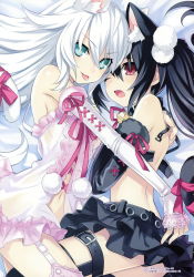 Rule 34 | 2girls, :p, absurdres, animal ears, aqua eyes, bare shoulders, bell, black hair, black heart (neptunia), black legwear, cat ears, cat tail, choujigen game neptune, collar, detached sleeves, dual persona, garter straps, highres, kemonomimi mode, lace, lace-trimmed legwear, lace trim, lingerie, long hair, lying, miniskirt, multiple girls, navel, neck bell, negligee, neptune (series), noire (neptunia), official art, on side, open mouth, power symbol-shaped pupils, red eyes, ribbon, see-through, selfcest, silver hair, skirt, sleeves past wrists, symbol-shaped pupils, tail, tail ornament, tail ribbon, tears, thighhighs, tongue, tongue out, tsunako, twintails, underwear, white legwear, yuri