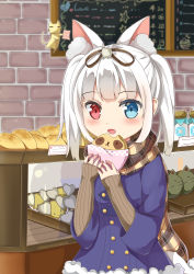 Rule 34 | 1girl, :d, absurdres, animal ears, arlene (ju), bakery, blue coat, blue eyes, blurry, blurry background, blush, bread, brick wall, brown ribbon, brown scarf, cat ears, cat girl, cat tail, coat, depth of field, food, fur-trimmed coat, fur trim, hair ribbon, heterochromia, highres, holding, holding food, indoors, long hair, long sleeves, open mouth, original, plaid, plaid scarf, red eyes, ribbon, scarf, shop, silver hair, sleeves past wrists, smile, solo, tail, twintails