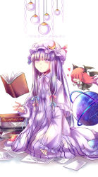 Rule 34 | 2girls, :d, ^ ^, bat wings, blue bow, blue ribbon, blush, book, book stack, bow, capelet, chibi, closed eyes, closed mouth, crescent, demon girl, dress, expressionless, globe, hair bow, hair ribbon, hat, head wings, heart, highres, koakuma, long hair, long sleeves, mob cap, multiple girls, nga (ray ray), open book, open mouth, patchouli knowledge, pointy ears, puffy long sleeves, puffy sleeves, purple eyes, purple hair, red bow, red ribbon, ribbon, sidelocks, sitting, smile, striped clothes, striped dress, touhou, vertical-striped clothes, vertical-striped dress, very long hair, wings