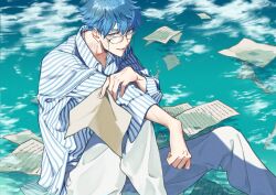 Rule 34 | 1boy, aged up, artist name, blue eyes, blue hair, collarbone, collared shirt, commentary request, eyewear strap, fate/grand order, fate (series), glasses, hair between eyes, hans christian andersen (adult) (fate), hans christian andersen (fate), holding, holding paper, hua (supa jopa), in water, knee up, long sleeves, looking at viewer, male focus, pants, paper, parted lips, partially submerged, shirt, short hair, sitting, smile, solo, striped clothes, striped shirt, twitter username, vertical-striped clothes, vertical-striped shirt, water, white pants, white shirt