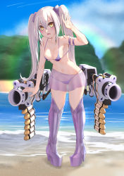 Rule 34 | 1girl, bikini, blush, breasts, chinese commentary, cleavage, commentary, destroyer (girls&#039; frontline), english commentary, full body, girls&#039; frontline, hair between eyes, hair ornament, hand up, highres, long hair, looking at viewer, mechanical legs, mixed-language commentary, outdoors, parted lips, popoman, purple bikini, sangvis ferri, see-through, see-through skirt, skirt, small breasts, solo, standing, swimsuit, thighs, twintails, weapon, white hair, yellow eyes