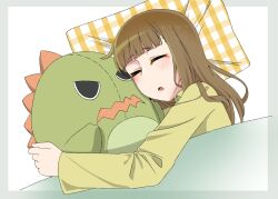 Rule 34 | 1girl, blunt bangs, blush, border, brown hair, center-flap bangs, closed eyes, collared shirt, commentary request, green shirt, hair down, head on pillow, highres, hugging doll, hugging object, kachimachi kosuzu, link! like! love live!, long hair, long sleeves, love live!, lying, on side, open mouth, outside border, shirt, simple background, sleeping, solo, straight hair, stuffed dinosaur, tetetsu (yuns4877), transparent border, under covers, upper body, virtual youtuber, white background