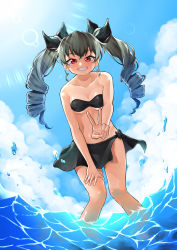 Rule 34 | 1girl, absurdres, anchovy (girls und panzer), bikini, black bikini, black ribbon, black sarong, blue sky, cloud, cloudy sky, commentary, day, drill hair, girls und panzer, green hair, grin, hair ribbon, half-closed eyes, hand on own thigh, highres, lens flare, long hair, looking at viewer, nakachiruno, ocean, outdoors, red eyes, redrawn, revision, ribbon, sarong, sky, smile, solo, standing, strapless, strapless bikini, sunlight, swimsuit, twin drills, twintails, v, wading, water drop, waves