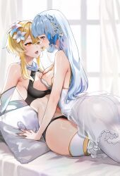 Rule 34 | 2girls, after kiss, alternate hairstyle, anzu0130, arm support, asymmetrical docking, ayaka (genshin impact), black bra, black panties, blonde hair, blue eyes, blue hair, blunt bangs, blunt tresses, bra, braid, breast press, breasts, butterfly hair ornament, commentary request, curtains, detached sleeves, flower, genshin impact, grey pantyhose, hair between eyes, hair flower, hair ornament, hair ribbon, highres, indoors, light blue hair, long hair, lumine (genshin impact), lying, medium breasts, mole, mole under eye, multiple girls, on bed, open mouth, panties, pantyhose, ribbon, saliva, saliva trail, short hair with long locks, sweat, thighhighs, tongue, tongue out, tress ribbon, underwear, white flower, white sleeves, white thighhighs, window, yellow eyes, yuri