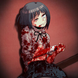 Rule 34 | 1girl, blood, blood on clothes, blood on face, blood on hands, blood splatter, bloody weapon, brown eyes, dagger, highres, holding, holding dagger, holding knife, holding weapon, knife, open mouth, original, school uniform, solo, song request, takatsu makoto, utau, weapon