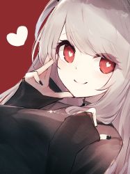 Rule 34 | 1girl, absurdres, blush, breasts, grey hair, hand on own cheek, hand on own chest, hand on own face, heart, heart-shaped pupils, highres, jewelry, large breasts, long hair, long sleeves, nail polish, necklace, original, red eyes, reizouko, sleeves past wrists, smile, solo, symbol-shaped pupils