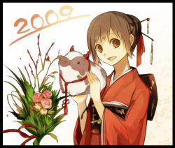 Rule 34 | 00s, 2009, bad id, bad pixiv id, brown eyes, brown hair, flower, jan (12885), japanese clothes, kimono, new year, original, solo