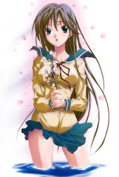 Rule 34 | 1girl, blue eyes, flower, koshimizu takayuki, long hair, school uniform, serafuku, solo, water, wind