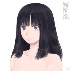 Rule 34 | 1girl, artist logo, black hair, brown eyes, closed mouth, greyscale, long hair, looking at viewer, monochrome, nude, original, out-of-frame censoring, shu-mai, simple background, solo, upper body, white background