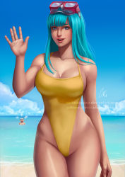 Rule 34 | 1boy, 1girl, artist name, bald, bare arms, beach, blue hair, blush, breasts, carlos vasseur, cleavage, cloud, cowboy shot, curvy, diving mask, diving mask on head, dragon ball, dragonball z, fuming, goggles, goggles on head, happy, hetero, highleg, highleg swimsuit, hip focus, kuririn, large breasts, legs together, long hair, looking at viewer, maron (dragon ball), navel, ocean, one-piece swimsuit, open mouth, outdoors, partially submerged, photo background, purple eyes, salute, sideboob, sky, smile, solo focus, standing, swimsuit, teeth, thick thighs, thighs, watermark, web address, wide hips, yellow one-piece swimsuit