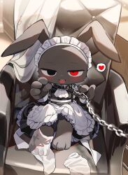 Rule 34 | 1boy, apron, ascot, black collar, black dress, black eyes, black fur, blush, buckle, chain, chain leash, chair, collar, commentary request, crossdressing, cushion, dress, fewer digits, furry, furry male, grey fur, hand up, hands up, headress, heart, heterochromia, highres, holding, holding leash, inu (pixiv), knees up, leash, maher, maid, maid apron, maid headdress, maid male, male focus, male maid, neckerchief, office, office chair, on chair, open mouth, original, pawpads, pov, rabbit boy, rabbit ears, red eyes, sharp teeth, sitting, smile, solo, spoken heart, sunlight, sweatdrop, swivel chair, tagme, teeth, thighhighs, trap, unworn thighhighs, upper teeth only, viewer holding leash, white apron, white ascot, white headdress, white thighhighs