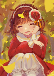 Rule 34 | 1girl, :d, absurdres, acorn hair ornament, autumn, autumn leaves, bloomers, blush, brown hair, closed eyes, collared dress, dress, falling leaves, forest, frills, hairband, hand on own cheek, hand on own face, head rest, highres, knees up, leaf, leaf on head, lolita hairband, long sleeves, medium hair, nature, open mouth, original, outdoors, ribbon, sangatsu (mitsuki358), signature, sitting, sleeve cuffs, smile, solo, tree, underwear