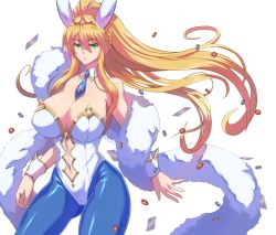 Rule 34 | 1girl, animal ears, artoria pendragon (all), artoria pendragon (fate), artoria pendragon (swimsuit ruler) (fate), bare shoulders, blue necktie, blue pantyhose, braid, breasts, cleavage, clothing cutout, contrapposto, cowboy shot, cross, crown, detached collar, fake animal ears, fate/grand order, fate (series), feather boa, fishnet pantyhose, fishnets, french braid, gluteal fold, green eyes, hair between eyes, high ponytail, large breasts, leotard, long hair, looking at viewer, navel cutout, necktie, pantyhose, playboy bunny, poker chip, ponytail, rabbit ears, sidelocks, smile, solo, torahime (roland00), very long hair, white background, white leotard, wind, wrist cuffs