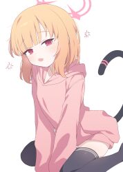 Rule 34 | 1girl, absurdres, between legs, black tail, black thighhighs, blonde hair, blue archive, blunt bangs, blush, cat tail, commentary, fake tail, gradient hair, hagoonha, halo, hand between legs, head tilt, highres, hood, hood down, hoodie, leaning, leaning forward, light blush, long sleeves, looking at viewer, medium hair, momoi (blue archive), multicolored hair, open mouth, parted bangs, pink halo, pink hoodie, red eyes, simple background, sitting, sleeves past wrists, solo, tail, tail raised, thighhighs, wariza, white background