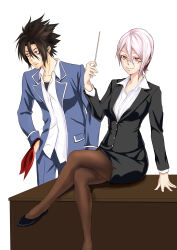 1boy 1girl absurdres bags_under_eyes bandana black-framed_eyewear black_footwear black_hair black_jacket black_skirt blazer blue_jacket blue_pants brown_thighhighs crossed_legs desk dsl-minus glasses hair_between_eyes hands_in_pockets highres holding holding_pointer jacket kurokiba_ryou light_smile long_sleeves looking_at_viewer looking_to_the_side nakiri_alice on_desk open_clothes open_jacket pants partially_open_jacket pointer red_bandana red_eyes school_uniform shirt shokugeki_no_souma short_hair sitting skirt spiked_hair thighhighs tootsuki_saryou_ryouri_gakuen_uniform white_background white_hair white_shirt