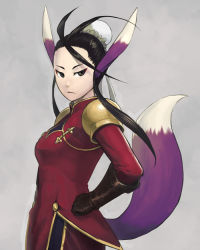 Rule 34 | 1girl, animal ears, black eyes, breasts, breath of fire, breath of fire iv, bun cover, capcom, closed mouth, commentary request, dress, eyeshadow, gloves, looking at viewer, makeup, medium hair, minoo, simple background, solo, tail, ursula (breath of fire)