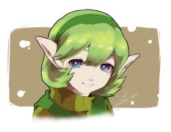 Rule 34 | 1girl, bad id, bad pixiv id, blue eyes, brown background, green hair, hairband, nintendo, pointy ears, portrait, saria (zelda), short hair, smile, so ryou, solo, the legend of zelda, the legend of zelda: ocarina of time