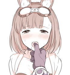 Rule 34 | animal ear fluff, animal ears, blush, calm mashiro, etrian odyssey, finger in another&#039;s mouth, goggles, goggles on head, hound (sekaiju), looking at viewer, open mouth, pov, sekaiju no meikyuu, sekaiju no meikyuu 5, short hair, simple background, solo focus, tears, white background