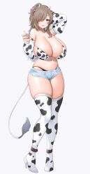 Rule 34 | 1girl, absurdres, animal ears, animal print, arm behind head, bikini, black panties, boots, breasts, brown hair, commission, cow ears, cow print, cow tail, detached sleeves, gradient hair, grey eyes, hair over one eye, high heel boots, high heels, highres, horns, huge breasts, looking at viewer, multicolored hair, navel, original, panties, short shorts, shorts, simple background, skeb commission, skindentation, smile, solo, suruga (xsurugax), swimsuit, tail, thick thighs, thighs, two-tone hair, unbuttoned, underwear, white background