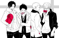 Rule 34 | 4boys, alternate costume, candy, crossed arms, hair over one eye, hands in pockets, heart, hood, hoodie, jacket, male focus, monkey d. luffy, mouth hold, multiple boys, necktie, one piece, portgas d. ace, roronoa zoro, sanji (one piece), scar, scarf, soredemoasahayattekuru, spot color, sweater, valentine