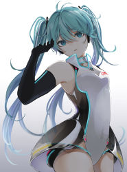 Rule 34 | 1girl, absurdres, arched back, black gloves, blue eyes, blue hair, breasts, cleavage, cowboy shot, elbow gloves, floating hair, gloves, gradient background, grey background, hair between eyes, hair ornament, hatsune miku, head tilt, highres, leotard, long hair, looking at viewer, navel, open mouth, racing miku, racing miku (2011), revebw, small breasts, solo, standing, twintails, very long hair, vocaloid, white background, white leotard