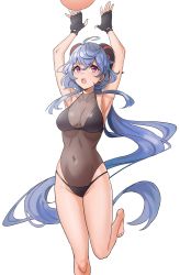 Rule 34 | 1girl, absurdres, ahoge, armpits, bare shoulders, bikini, black bikini, black gloves, black leotard, blue hair, blush, breasts, covered navel, fingerless gloves, ganyu (genshin impact), genshin impact, gloves, highleg, highleg leotard, highres, horns, kiritzugu, large breasts, leotard, long hair, looking at viewer, open mouth, purple eyes, simple background, solo, swimsuit, thighs, very long hair