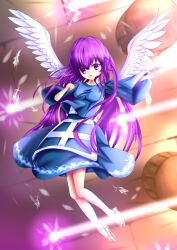 Rule 34 | angel, angel wings, apron, blue apron, blue dress, blue skirt, blurry, blurry background, dress, feathered wings, feathers, fighting, floating, grid background, highres, korumoran, laser, long hair, long sleeves, matenshi (touhou), open mouth, purple eyes, purple hair, sandals, skirt, touhou, touhou (pc-98), undershirt, white wings, wings