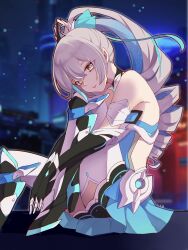 Rule 34 | 1girl, absurdres, armor, armored dress, bare shoulders, bikini armor, black gloves, blue hair, boots, breasts, bronya zaychik, bronya zaychik (herrscher of truth), city lights, dress, drill hair, elbow gloves, gloves, grey eyes, grey hair, hair between eyes, highres, honkai (series), honkai impact 3rd, hugging own legs, long hair, mechanical legs, multicolored hair, night, ponytail, small breasts, smile, solo, star (sky), thigh boots, thighhighs, unique-blueberry, very long hair