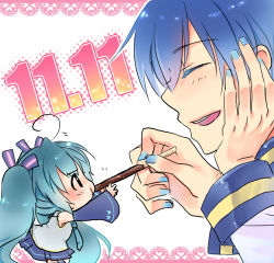 Rule 34 | 1boy, 1girl, black eyes, blue hair, blue nails, bow, chibi, closed eyes, detached sleeves, face, food, hair bow, hair ornament, hatsune miku, kaito (vocaloid), long hair, lowres, mini person, minigirl, nail polish, necktie, open mouth, pocky, skirt, smile, twintails, vocaloid, yuh