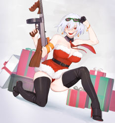 Rule 34 | 1girl, absurdres, alternate costume, bare shoulders, beijuu, belt, black footwear, black gloves, boots, box, breasts, detached collar, eyewear on head, gift, gift box, girls&#039; frontline, gloves, gun, hair between eyes, half gloves, high heel boots, high heels, highres, holding, holding gun, holding weapon, large breasts, looking at viewer, on one knee, open mouth, red eyes, santa costume, short hair, single glove, solo, submachine gun, thigh boots, thighhighs, thompson submachine gun, thompson (girls&#039; frontline), weapon