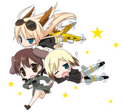 Rule 34 | 3girls, :o, animal ears, blonde hair, blue eyes, brown eyes, brown hair, chibi, erica hartmann, flying, gertrud barkhorn, green eyes, hanna-justina marseille, head wings, igaiga, long hair, multiple girls, one eye closed, running, short hair, simple background, star (symbol), strike witches, tail, twintails, wavy mouth, wings, wink, witches of africa, world witches series, yawning