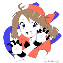 Rule 34 | 1girl, bandana, blue eyes, brown hair, collared shirt, commentary request, creatures (company), fang, game freak, gloves, hands up, highres, kibisakura2, light blush, looking at viewer, may (pokemon), nintendo, open mouth, pokemon, pokemon adventures, shirt, short sleeves, smile, solo, tongue, twitter username