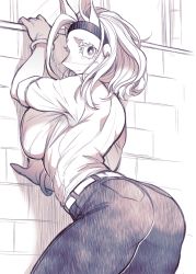 Rule 34 | 1girl, against wall, animal ears, ass, bangle, boku no hero academia, bracelet, breast press, breasts, commentary request, furry, furry female, headband, highres, huge ass, ippan josei, jewelry, large breasts, looking at viewer, monochrome, pants, raglan sleeves, shirt, short hair, solo, takatsuki ichi, tears, tight clothes, tight pants