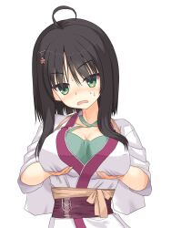 Rule 34 | 1girl, ahoge, black hair, blunt ends, blush, breast lift, breasts, cleavage, collarbone, commentary request, criss-cross halter, embarrassed, eyes visible through hair, frown, green eyes, green shirt, hair between eyes, hair ornament, hairclip, halterneck, hands up, highres, hitachi mako, japanese clothes, kimono, large breasts, long sleeves, looking at viewer, nose blush, open mouth, senren banka, shirayamakoma, shirt, short hair with long locks, simple background, sleeves rolled up, solo, sweatdrop, tsurime, upper body, v-shaped eyebrows, white background, white kimono, wide sleeves, x hair ornament