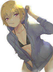 Rule 34 | 1girl, bikini, bikini top only, black bikini, blonde hair, breasts, grey jacket, hand in pocket, highres, idolmaster, idolmaster shiny colors, jacket, long sleeves, looking at viewer, mouth hold, nukkoru, open clothes, open jacket, pink eyes, saijo juri, short hair, simple background, small breasts, solo, standing, swimsuit, white background