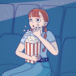 Rule 34 | 1girl, aqua nails, belt, blue nails, blue pants, blunt bangs, brown hair, chair, food, grey shirt, highres, hoppe illust, long hair, movie theater, nail polish, open mouth, original, pants, popcorn, shirt, shirt tucked in, short sleeves, sitting, solo, twintails
