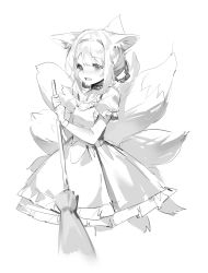 Rule 34 | 1girl, absurdres, animal ear fluff, animal ears, arknights, broom, commentary request, cowboy shot, cropped legs, dress, fox ears, greyscale, hair rings, hairband, hands up, highres, holding, holding broom, infection monitor (arknights), kitsune, kyuubi, meng ziya, monochrome, multiple tails, open mouth, puffy short sleeves, puffy sleeves, short sleeves, simple background, smile, solo, suzuran (arknights), suzuran (let&#039;s carnival!) (arknights), tail, white background