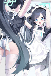 Rule 34 | 1girl, absurdres, apron, aqua halo, aris (blue archive), aris (maid) (blue archive), arms up, ass, black dress, black hair, blue archive, blue eyes, blue halo, blush, collared dress, dress, frilled apron, frills, halo, hido (cherryhido), highres, long hair, looking at mirror, maid, maid apron, maid headdress, mirror, official alternate costume, open mouth, panties, pantyshot, ponytail, puffy short sleeves, puffy sleeves, rectangular halo, reflection, short sleeves, solo, thighhighs, underwear, very long hair, white apron, white panties
