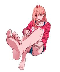 Rule 34 | 1girl, barefoot, blonde hair, chainsaw man, feet, horns, long hair, looking at viewer, open mouth, power (chainsaw man), sharp teeth, short shorts, shorts, soles, teeth, toes, yellow eyes