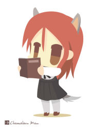 Rule 34 | 1girl, animal ears, artist name, bad id, bad pixiv id, black ribbon, book, brown eyes, chameleon man (three), chibi, dress, flat color, full body, holding, holding book, loafers, long hair, minna-dietlinde wilcke, no lineart, no mouth, pantyhose, red hair, ribbon, shoes, simple background, solo, standing, strike witches, tail, white background, white pantyhose, wolf ears, wolf tail, world witches series