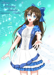 Rule 34 | 1girl, absurdres, aqua background, aqua bow, aqua eyes, artist name, artist request, blue bow, blue dress, blue eyes, blue skirt, blush, bow, breasts, brown hair, buttons, collarbone, dress, female focus, frilled dress, frills, hair between eyes, highres, long hair, looking at viewer, love live!, love live! nijigasaki high school idol club, medium breasts, musical note, musical note print, osaka shizuku, parted lips, ponytail, puffy short sleeves, puffy sleeves, reaching, reaching towards viewer, sho (higashi), short sleeves, skirt, smile, solo, sparkle, white dress, white skirt