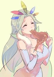Rule 34 | blush, breasts, closed eyes, eating, food, frills, fur collar, grey hair, hair ornament, happy, jiayu long, large breasts, meat, meden, parted bangs, patapon, simple background, solo