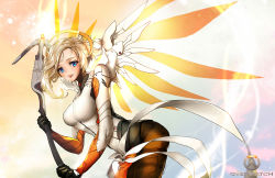 Rule 34 | 1girl, :d, black gloves, blonde hair, blue eyes, breasts, brown pantyhose, copyright name, cowboy shot, eyelashes, from side, gloves, glowing, halo, high ponytail, large breasts, leaning forward, leotard, lips, logo, long hair, looking at viewer, mechanical halo, mechanical wings, mercy (overwatch), multicolored background, nal (nal&#039;s pudding), open mouth, overwatch, overwatch 1, pantyhose, parted lips, ponytail, smile, solo, staff, wing print, wings, yellow wings
