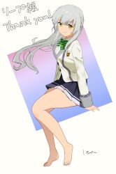 Rule 34 | 1girl, bare legs, barefoot, blue skirt, blush, bow, bowtie, braid, closed mouth, collared shirt, commission, feet, floating hair, full body, green bow, green bowtie, grey hair, highres, invisible chair, jacket, kashiwagi saki, legs, lensu (lotus36936936), long hair, long sleeves, looking at viewer, miniskirt, ongeki, pleated skirt, school uniform, second-party source, shirt, signature, sitting, skeb commission, skirt, smile, solo, striped bow, striped bowtie, striped clothes, thighs, toenails, toes, white jacket, yellow eyes