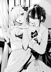 Rule 34 | 2girls, behind another, blush, breasts, closed mouth, commentary request, grabbing, grabbing another&#039;s breast, greyscale, groping, hair over one eye, hand under clothes, highres, indoors, monochrome, multiple girls, nipple stimulation, nipple tweak, one eye closed, original, teeth, yuri, zanka (the-only-neat)