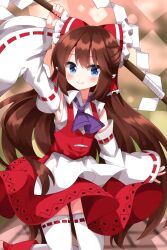 Rule 34 | 1girl, adapted costume, alternate costume, ascot, blue eyes, blush, bow, brown hair, closed mouth, commentary request, detached sleeves, frilled bow, frilled hair tubes, frills, gohei, hair bow, hair tubes, hakurei reimu, highres, holding, holding gohei, long hair, looking at viewer, purple ascot, red bow, red skirt, ribbon-trimmed sleeves, ribbon trim, ruu (tksymkw), skirt, skirt set, smile, solo, terminus of unreal darkside, thighhighs, touhou, very long hair, white thighhighs