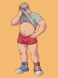 1boy artist_name bara blonde_hair blue_footwear blue_headband blush clothes_lift fat fat_man full_body grey_eyes grey_shirt headband highres looking_at_viewer male_focus muscular muscular_male navel navel_hair original red_footwear red_shorts shirt shirt_lift shoes short_hair short_sleeves shorts simple_background sneakers solo standing star_(symbol) star_print twitter_username vit_(vitamin_bara)