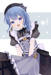Rule 34 | 1girl, :d, apron, beret, black bow, black bra, black dress, black hat, blue eyes, blue hair, blush, bow, bowtie, bra, braid, collared dress, commentary request, cowboy shot, dress, earrings, grey apron, hat, hat bow, hololive, hoshimachi suisei, hoshimachi suisei (maid), jewelry, long hair, looking at viewer, maid, maid apron, official alternate costume, open mouth, piko pinapi, plaid, plaid bow, plaid bowtie, puffy short sleeves, puffy sleeves, short hair, short sleeves, smile, solo, star (symbol), star in eye, symbol in eye, underwear, virtual youtuber, white background